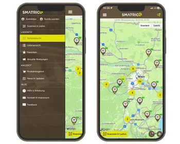 Smartphone Ansicht der Smatrics App. Kartenansicht möglicher Ladestationen.