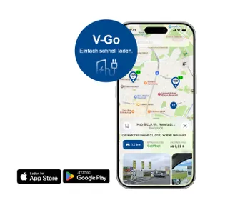 Iphone mit geöffneter V-Go App und Karte mit Ladestationen mit Logos von App Store und Google Play Store.
