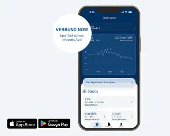 Iphone Mockup mit Screen von der VERUND NOW Spot-Tarif App. Logos vom App Store und Google Play Store.