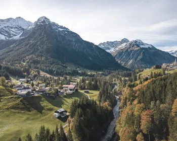 Eine Herbstlandschaft vor Bergen
