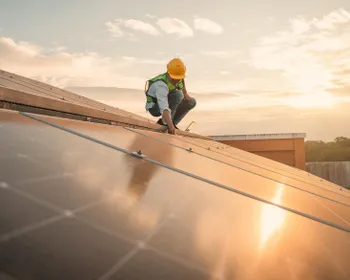Ein Techniker prüft eine PV-Anlage auf einem Dach.
