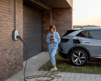 Eine junge Frau steht neben einem E-Auto, lädt dieses und sieht währenddessen auf ihr Smartphone.