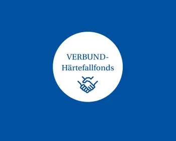 Blauer Hintergrund mit weißem Störer auf dem "VERBUND-Härtefallfonds" steht.