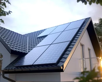 Ein Haus mit einem schwarzem Dach und einer PV-Anlage drauf. Im Hintergrund scheint die Sonne.