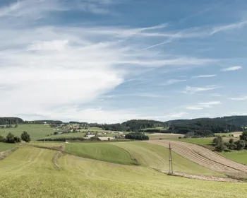 Eine Landschaft mit Feldern und Häusern unter blauem Himmel