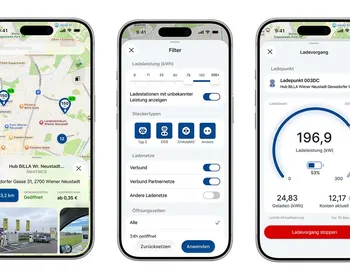 Man sieht 3 Iphone Mockups mit Screenshots der V-Go-Ladeapp.
