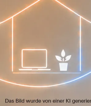 Junge Frau sitzt im Wohnzimmer, lächelt und schaut in die Luft. Neben ihr verlaufen virtuelle Stromflusslinien um ein Haus und eine Batterie herum.