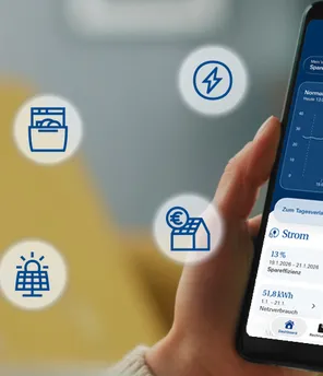 Frau hält Iphone in der Hand und verwendet die Spottarif App von VERBUND.